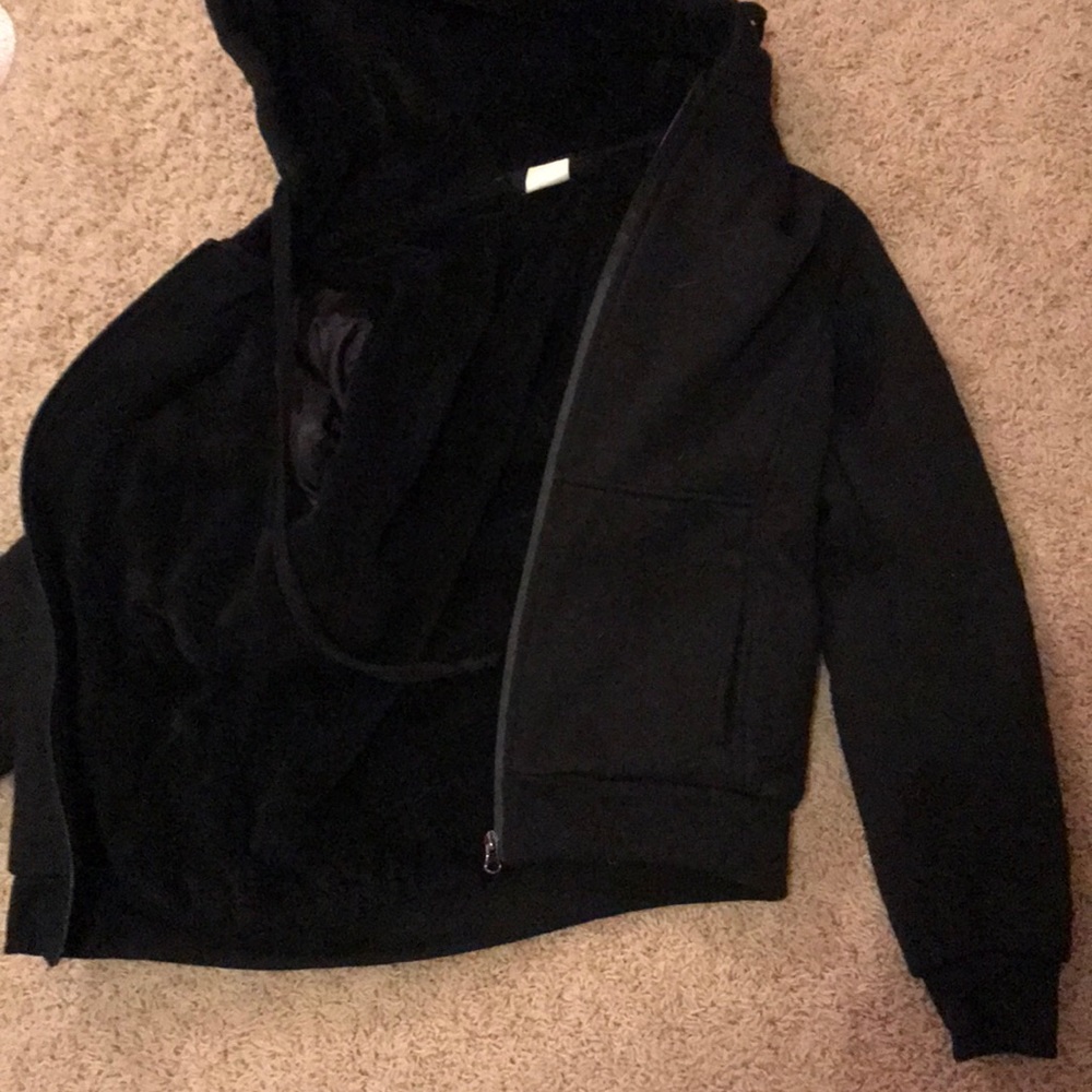 black fleece and silk zip up hoodie with pockets